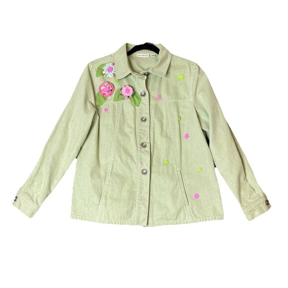 Susan Graver‎ Large Sage Green Denim Embroidered Jacket Floral Patchwork Boho - Picture 1 of 8